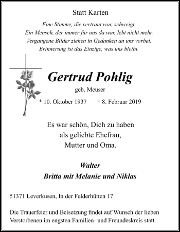 Anzeige von Gertrud Pohlig von Kölner Stadt-Anzeiger / Kölnische Rundschau / Express