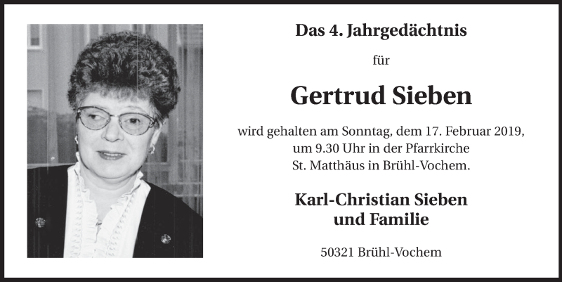  Traueranzeige für Gertrud Sieben vom 13.02.2019 aus  Schlossbote/Werbekurier 