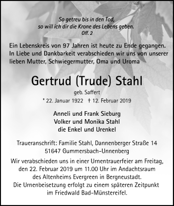 Anzeige von Gertrud  Stahl von Kölner Stadt-Anzeiger / Kölnische Rundschau / Express
