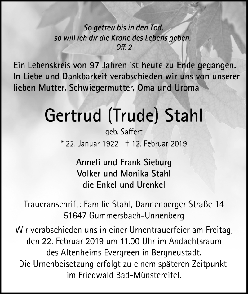  Traueranzeige für Gertrud  Stahl vom 16.02.2019 aus Kölner Stadt-Anzeiger / Kölnische Rundschau / Express