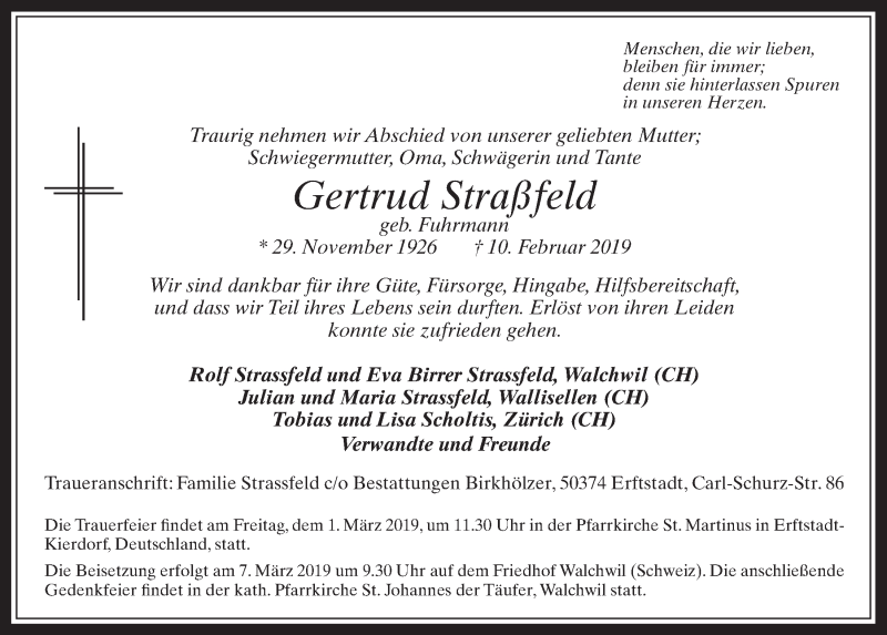  Traueranzeige für Gertrud Straßfeld vom 27.02.2019 aus  Werbepost 