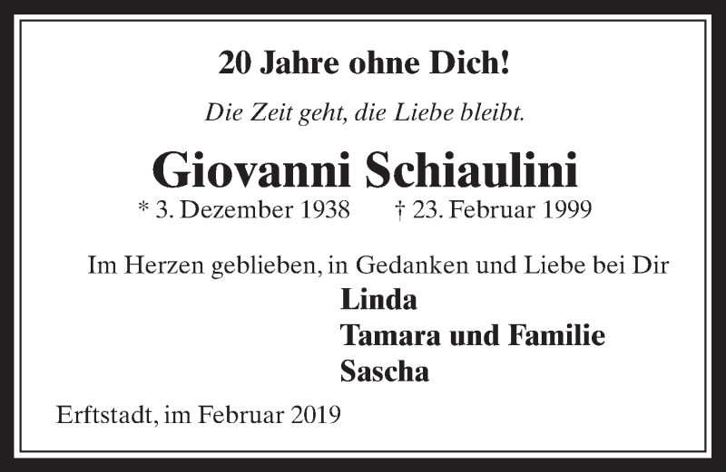  Traueranzeige für Giovanni Schiaulini vom 20.02.2019 aus  Werbepost 
