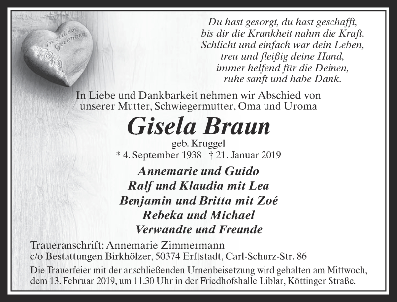  Traueranzeige für Gisela Braun vom 06.02.2019 aus  Werbepost 