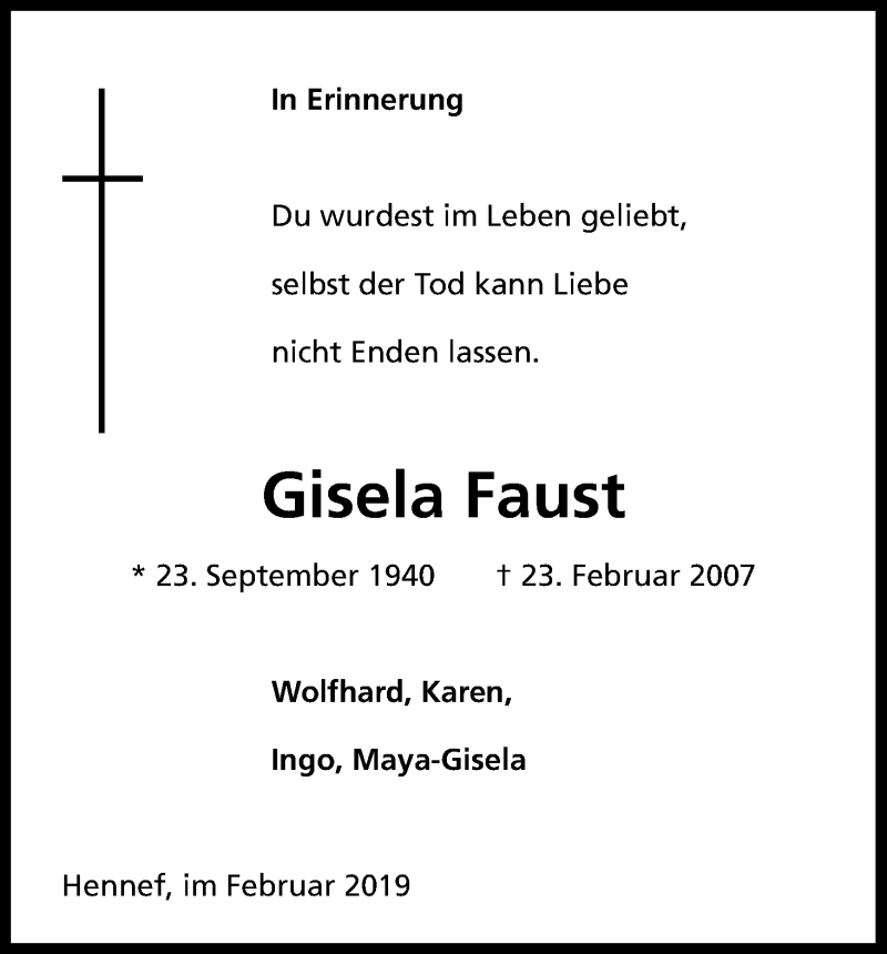  Traueranzeige für Gisela Faust vom 23.02.2019 aus Kölner Stadt-Anzeiger / Kölnische Rundschau / Express