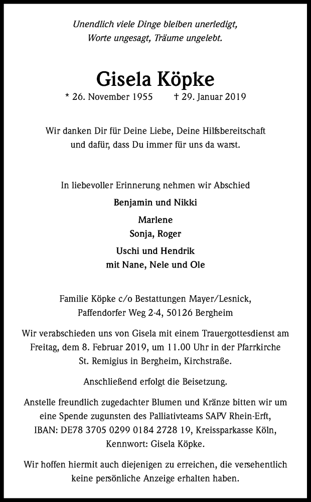  Traueranzeige für Gisela Köpke vom 05.02.2019 aus Kölner Stadt-Anzeiger / Kölnische Rundschau / Express