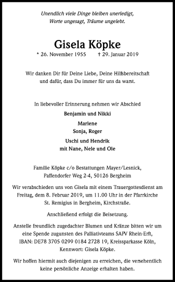 Anzeige von Gisela Köpke von Kölner Stadt-Anzeiger / Kölnische Rundschau / Express
