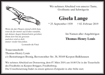 Anzeige von Gisela Lange von  Werbepost 
