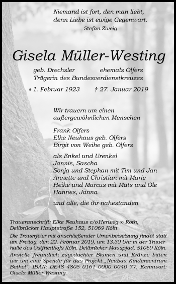 Anzeige von Gisela Müller-Westing von Kölner Stadt-Anzeiger / Kölnische Rundschau / Express