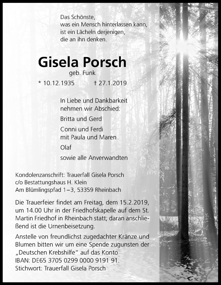  Traueranzeige für Gisela Porsch vom 02.02.2019 aus Kölner Stadt-Anzeiger / Kölnische Rundschau / Express
