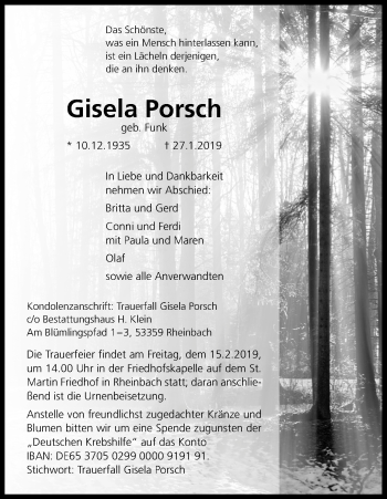 Anzeige von Gisela Porsch von Kölner Stadt-Anzeiger / Kölnische Rundschau / Express