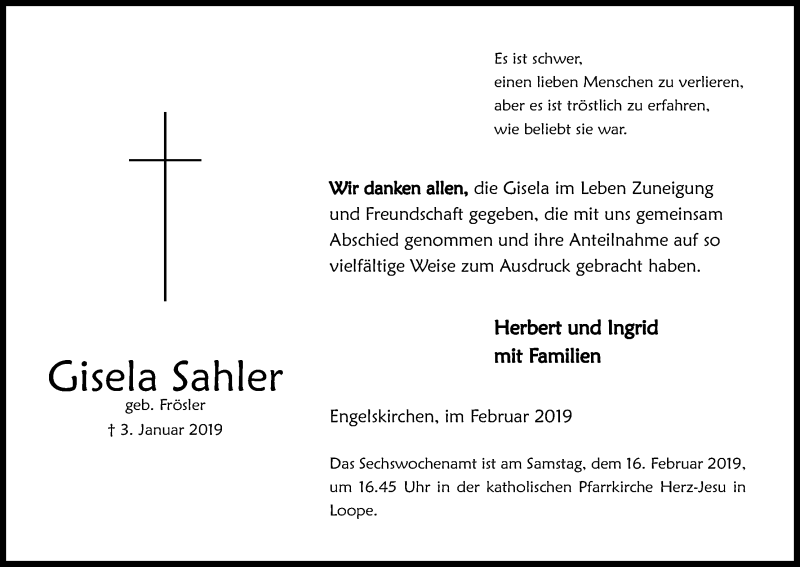 Traueranzeige für Gisela Sahler vom 09.02.2019 aus Kölner Stadt-Anzeiger / Kölnische Rundschau / Express