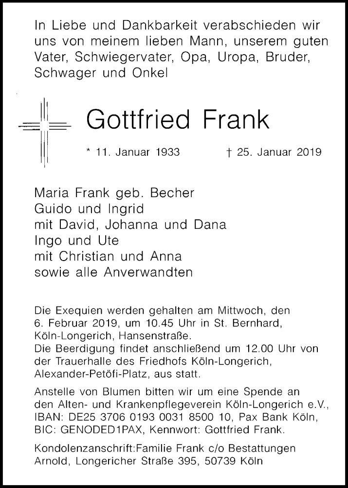  Traueranzeige für Gottfried Frank vom 02.02.2019 aus Kölner Stadt-Anzeiger / Kölnische Rundschau / Express