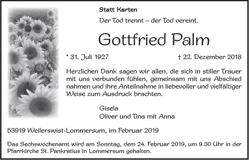  Traueranzeige für Gottfried Palm vom 09.02.2019 aus  Blickpunkt Euskirchen 