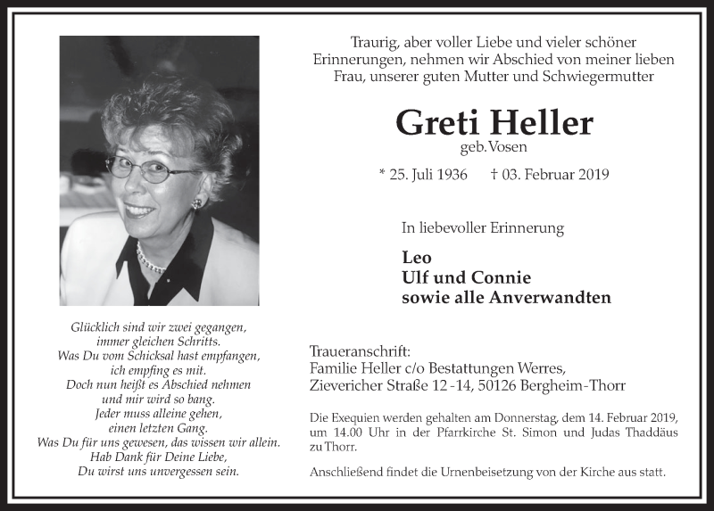  Traueranzeige für Greti Heller vom 09.02.2019 aus  Sonntags-Post 