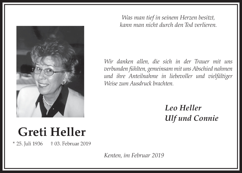  Traueranzeige für Greti Heller vom 23.02.2019 aus  Sonntags-Post 