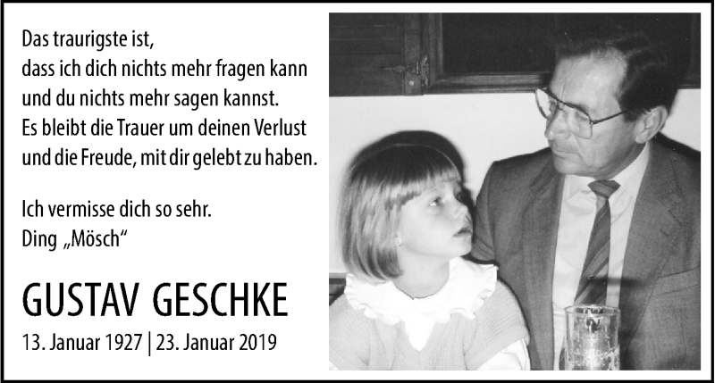  Traueranzeige für Gustav Geschke vom 02.02.2019 aus Kölner Stadt-Anzeiger / Kölnische Rundschau / Express