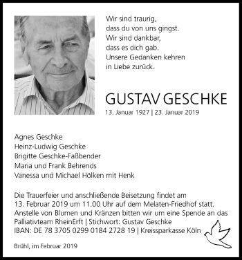 Anzeige von Gustav Geschke von Kölner Stadt-Anzeiger / Kölnische Rundschau / Express