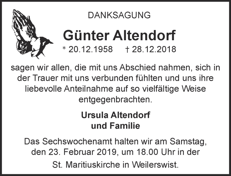  Traueranzeige für Günter Altendorf vom 16.02.2019 aus  Blickpunkt Euskirchen 