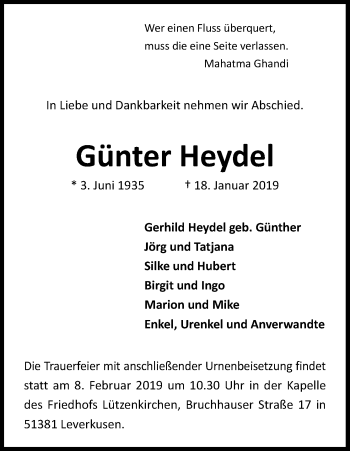 Anzeige von Günter Heydel von Kölner Stadt-Anzeiger / Kölnische Rundschau / Express