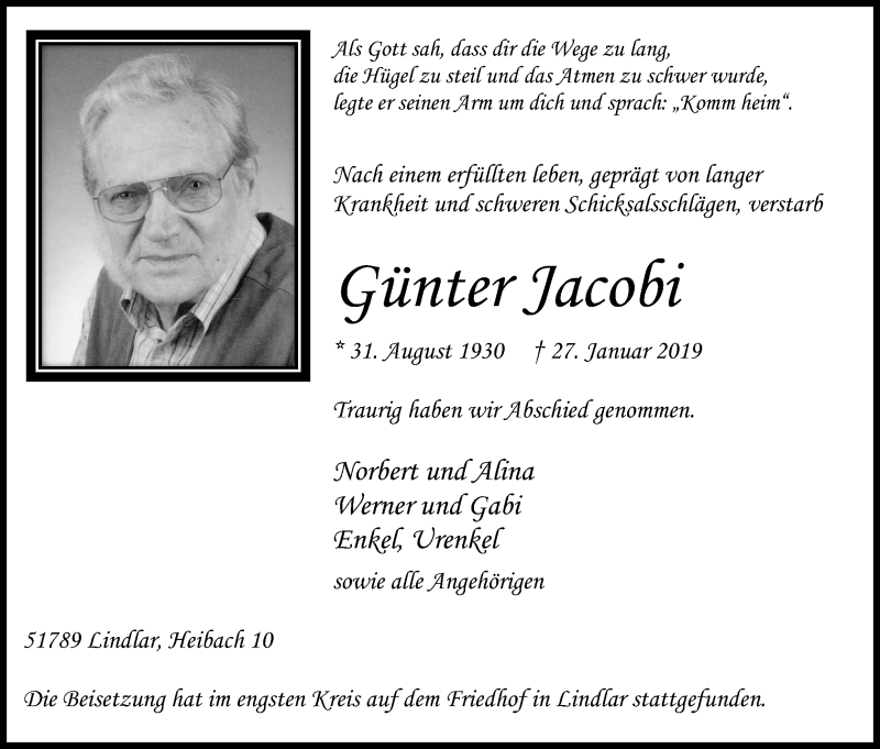  Traueranzeige für Günter Jacobi vom 16.02.2019 aus Kölner Stadt-Anzeiger / Kölnische Rundschau / Express