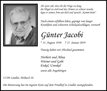 Anzeige von Günter Jacobi von Kölner Stadt-Anzeiger / Kölnische Rundschau / Express