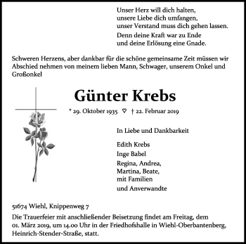 Anzeige von Günter Krebs von Kölner Stadt-Anzeiger / Kölnische Rundschau / Express
