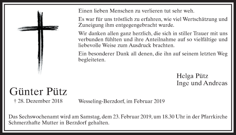  Traueranzeige für Günter Pütz vom 13.02.2019 aus  Schlossbote/Werbekurier 