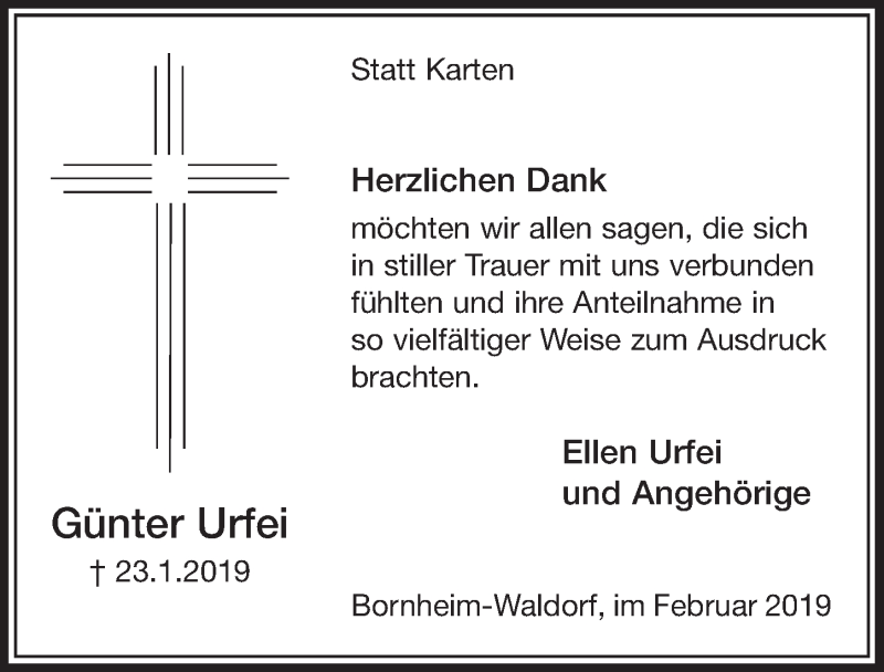  Traueranzeige für Günter Urfei vom 20.02.2019 aus  Schaufenster/Blickpunkt  Schlossbote/Werbekurier 