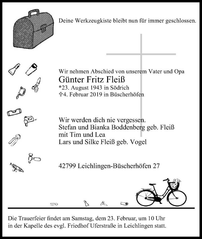  Traueranzeige für Günter Fritz Fleiß vom 16.02.2019 aus Kölner Stadt-Anzeiger / Kölnische Rundschau / Express