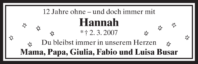  Traueranzeige für Hannah Busar vom 27.02.2019 aus  Schlossbote/Werbekurier 