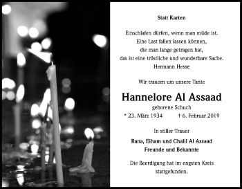 Anzeige von Hannelore Al Assaad von Kölner Stadt-Anzeiger / Kölnische Rundschau / Express