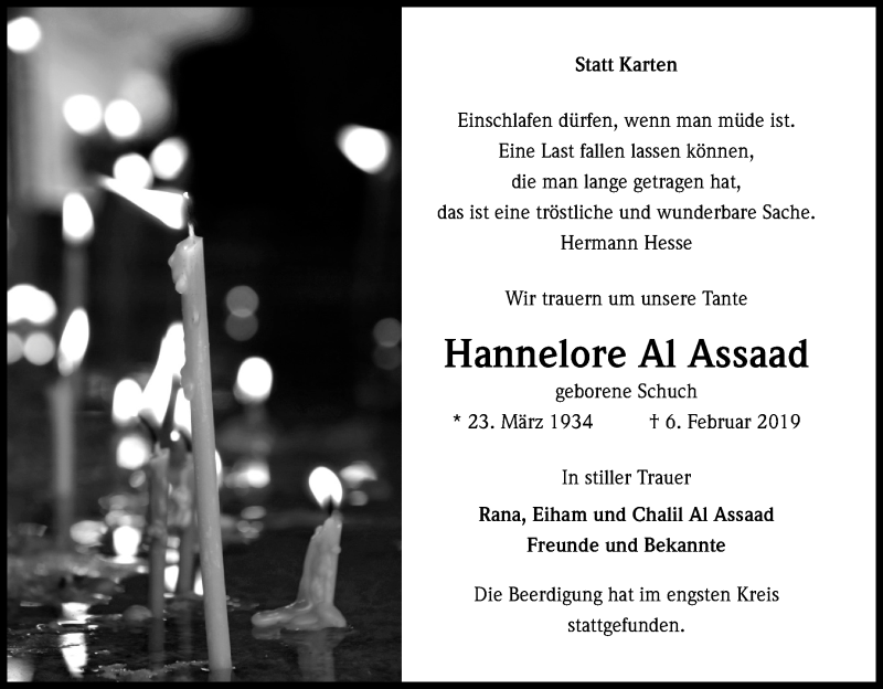  Traueranzeige für Hannelore Al Assaad vom 16.02.2019 aus Kölner Stadt-Anzeiger / Kölnische Rundschau / Express