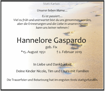 Anzeige von Hannelore Gaspardo von  Anzeigen Echo 