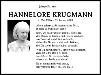 Anzeige von Hannelore Krugmann von Kölner Stadt-Anzeiger / Kölnische Rundschau / Express