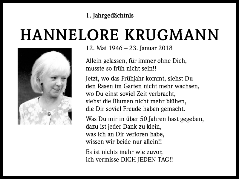  Traueranzeige für Hannelore Krugmann vom 15.02.2019 aus Kölner Stadt-Anzeiger / Kölnische Rundschau / Express