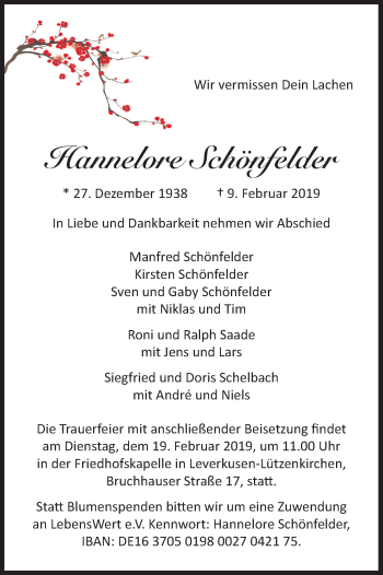 Anzeige von Hannelore Schönfelder von Kölner Stadt-Anzeiger / Kölnische Rundschau / Express