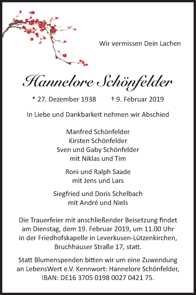  Traueranzeige für Hannelore Schönfelder vom 16.02.2019 aus Kölner Stadt-Anzeiger / Kölnische Rundschau / Express