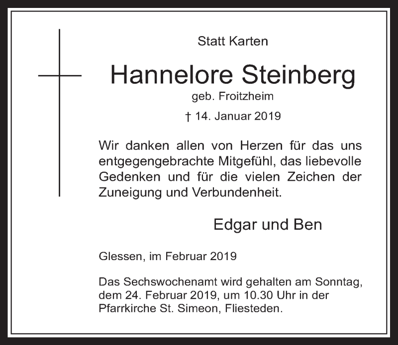  Traueranzeige für Hannelore Steinberg vom 20.02.2019 aus  Werbepost 