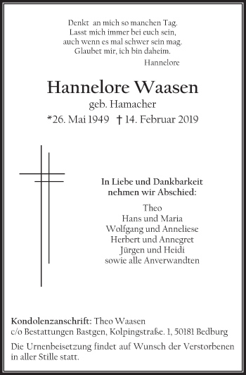 Anzeige von Hannelore Waasen von  Werbepost 