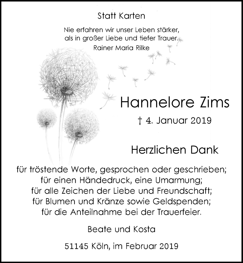  Traueranzeige für Hannelore Zims vom 06.02.2019 aus  Kölner Wochenspiegel 