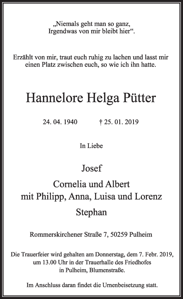  Traueranzeige für Hannelore Helga Pütter vom 02.02.2019 aus  Sonntags-Post 