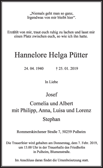 Anzeige von Hannelore Helga Pütter von  Sonntags-Post 