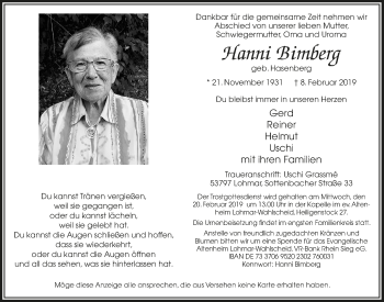 Anzeige von Hanni Bimberg 