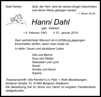 Anzeige von Hanni Dahl von Kölner Stadt-Anzeiger / Kölnische Rundschau / Express