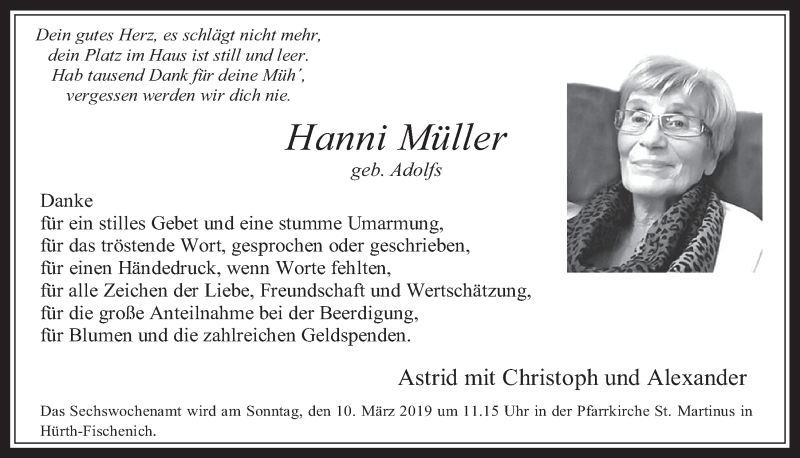  Traueranzeige für Hanni Müller vom 06.02.2019 aus  Wochenende 