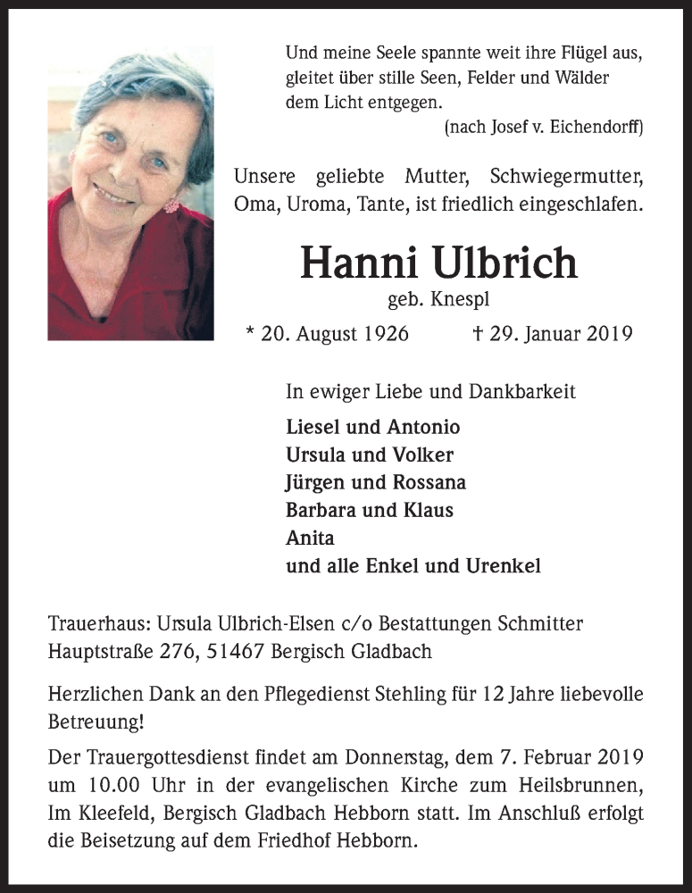  Traueranzeige für Hanni Ulbrich vom 02.02.2019 aus Kölner Stadt-Anzeiger / Kölnische Rundschau / Express