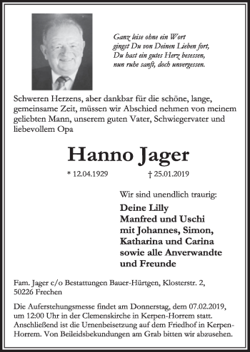 Anzeige von Hanno Jager von  Sonntags-Post 