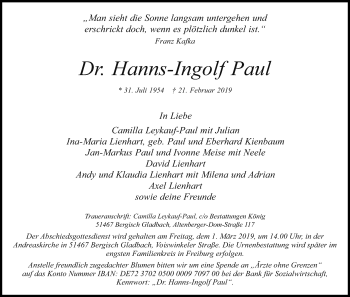 Anzeige von Hanns-Ingolf Paul von Kölner Stadt-Anzeiger / Kölnische Rundschau / Express