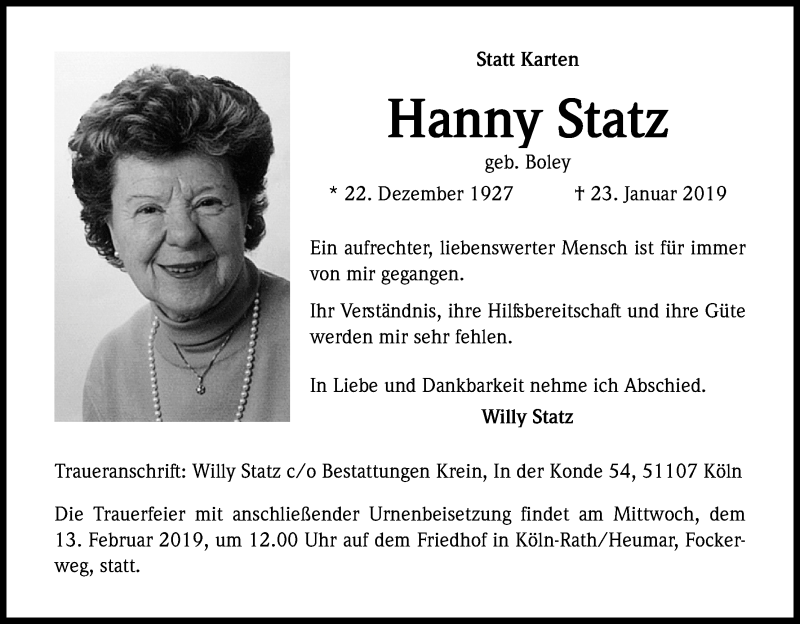  Traueranzeige für Hanny Statz vom 09.02.2019 aus Kölner Stadt-Anzeiger / Kölnische Rundschau / Express