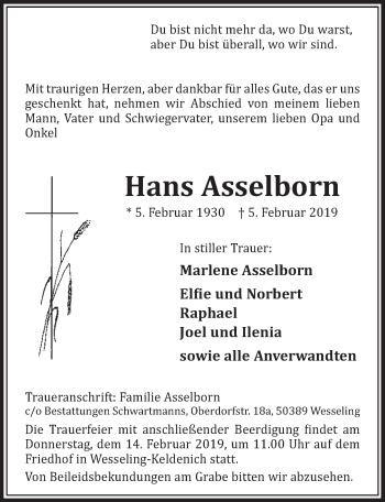 Anzeige von Hans Asselborn von  Schlossbote/Werbekurier 